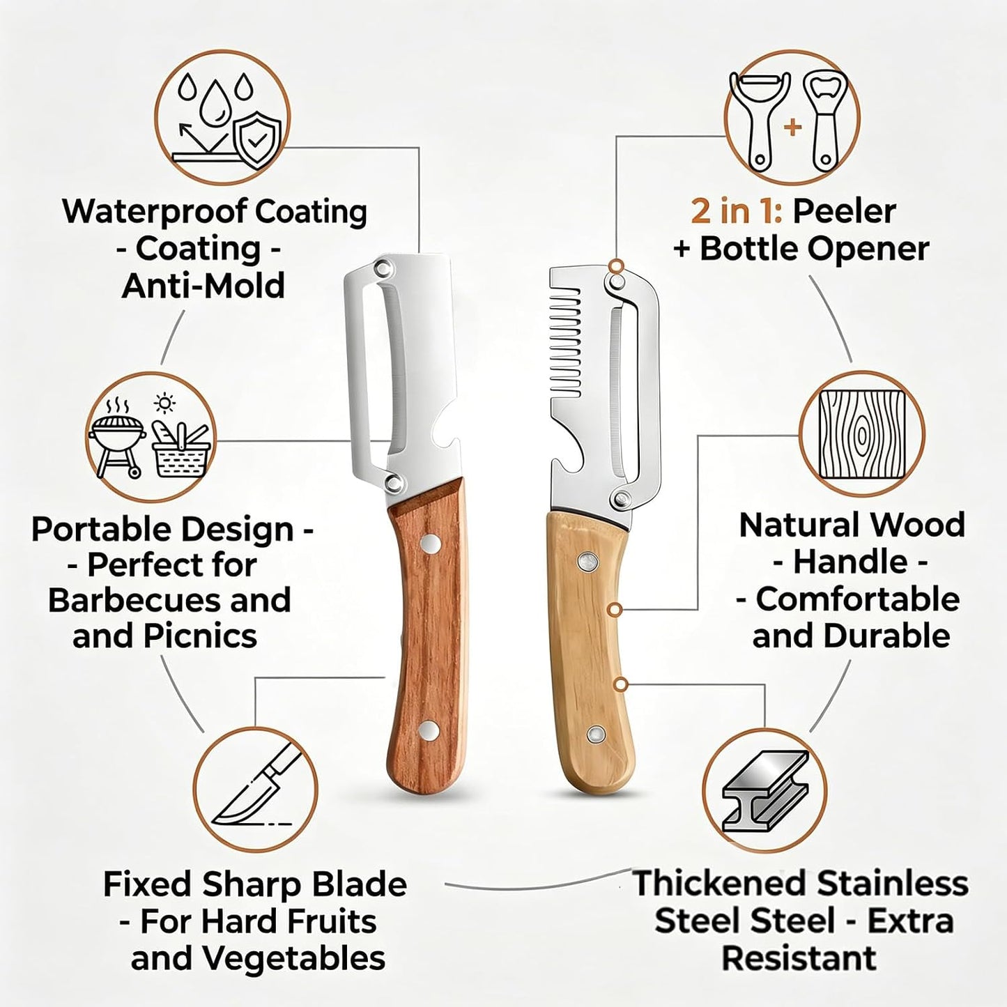 Multifunctional Vegetable Peeler With Wooden Handle, 3 In 1 Stainless Steel Sharp Knife For Fruit And Hard Skinned Produce, Kitchen Tool With Bottle Opener (2pcs)