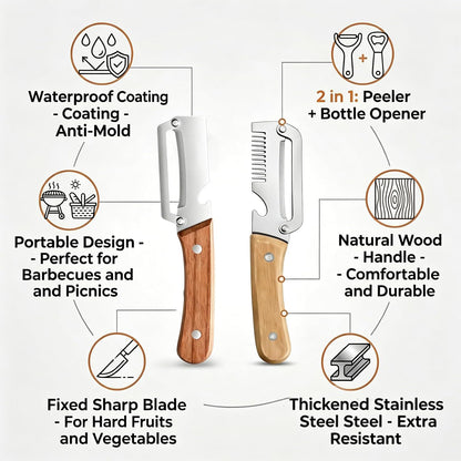 Multifunctional Vegetable Peeler With Wooden Handle, 3 In 1 Stainless Steel Sharp Knife For Fruit And Hard Skinned Produce, Kitchen Tool With Bottle Opener (2pcs)