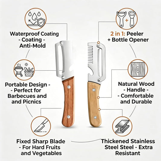 Multifunctional Vegetable Peeler With Wooden Handle, 3 In 1 Stainless Steel Sharp Knife For Fruit And Hard Skinned Produce, Kitchen Tool With Bottle Opener (2pcs)