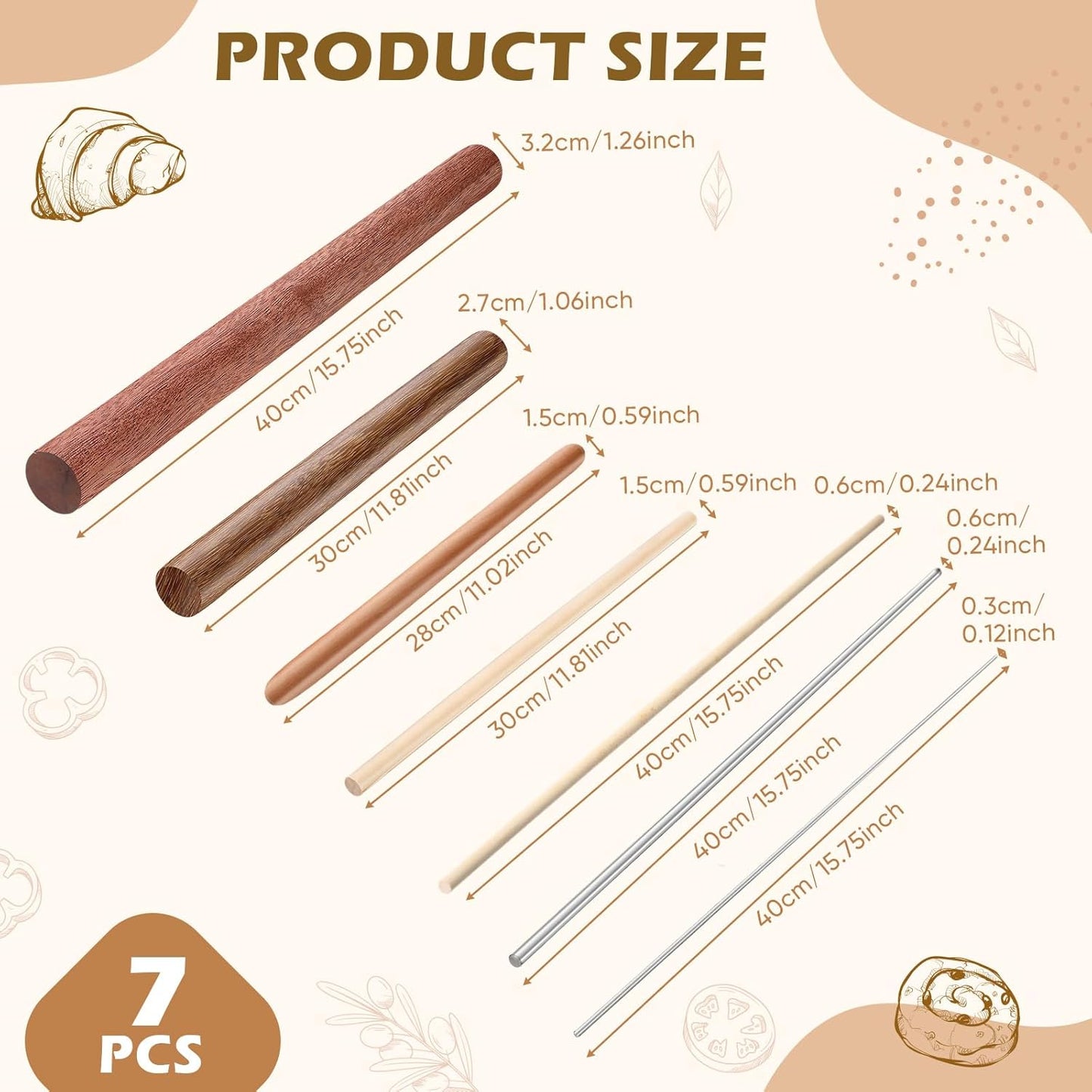 7 Pcs Italian Rolling Pins Set Wood and Stainless Steel Pasta Rolling Pin Dough Pasta Roller for Making Wontons, Dumplings, Pastas, Ramen, Udon Noodles, Flat Bread, Tortillas