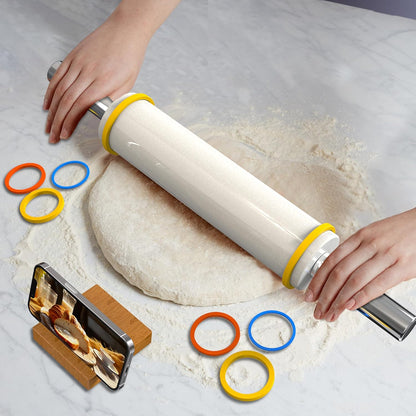 18.5'' Marble Rolling Pin,Stainless Steel Handles,3-Thickness Rings&Stand | Uniform Dough Thickness Control, Mepple Rolling Pin Ideal For Baking Fondant, Pizza, Pie Crust, Cookies,Pastries and More