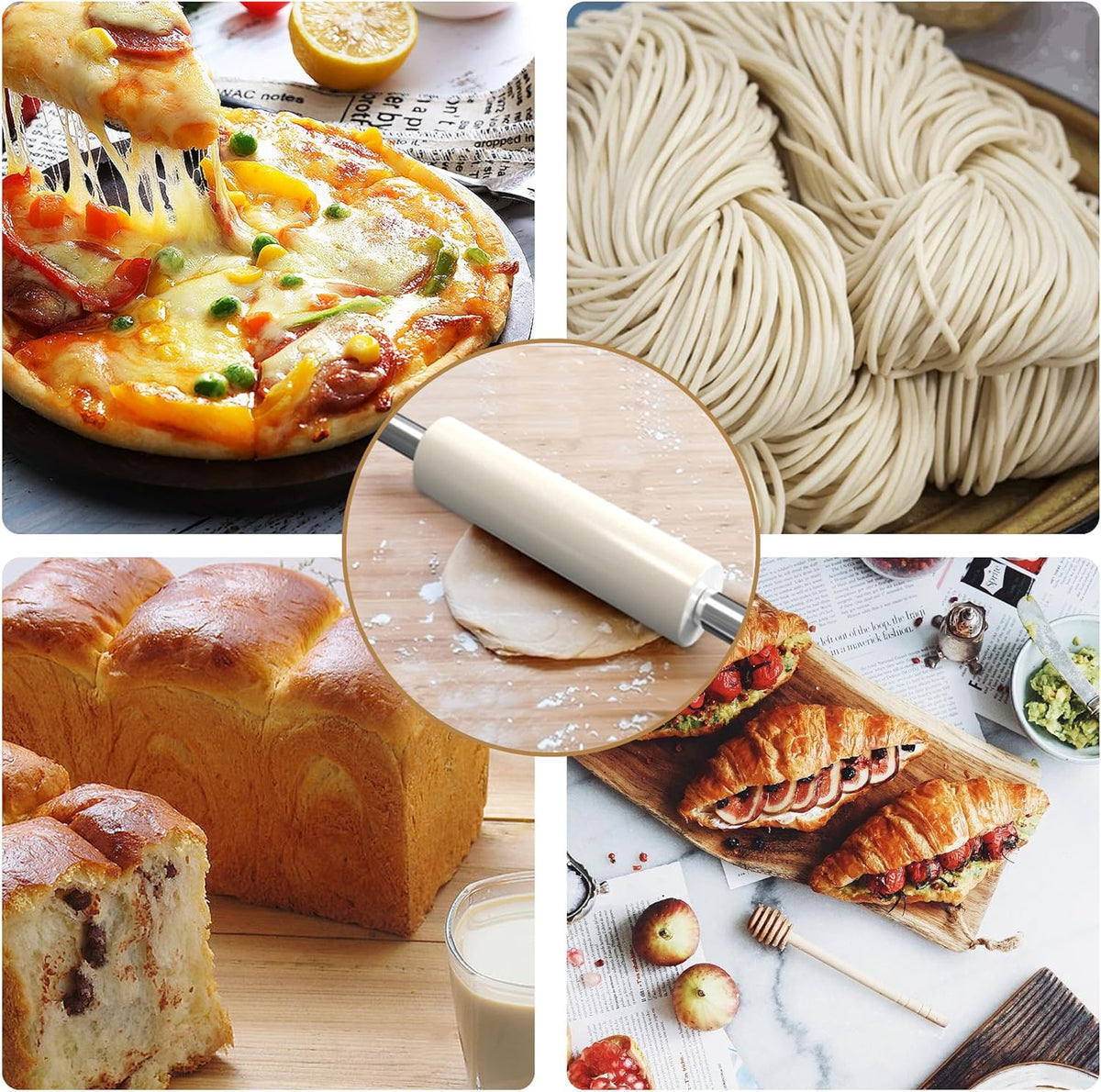 18.5'' Marble Rolling Pin,Stainless Steel Handles,3-Thickness Rings&Stand | Uniform Dough Thickness Control, Mepple Rolling Pin Ideal For Baking Fondant, Pizza, Pie Crust, Cookies,Pastries and More