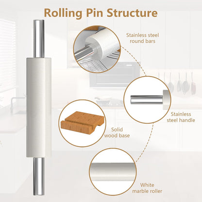 18.5'' Marble Rolling Pin,Stainless Steel Handles,3-Thickness Rings&Stand | Uniform Dough Thickness Control, Mepple Rolling Pin Ideal For Baking Fondant, Pizza, Pie Crust, Cookies,Pastries and More
