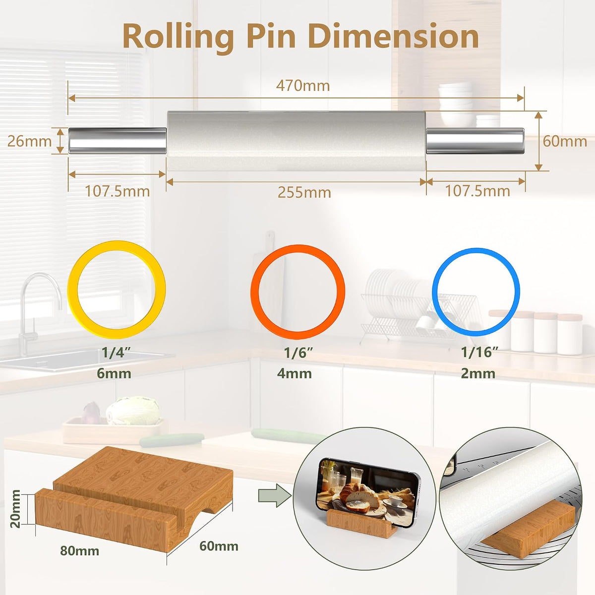 18.5'' Marble Rolling Pin,Stainless Steel Handles,3-Thickness Rings&Stand | Uniform Dough Thickness Control, Mepple Rolling Pin Ideal For Baking Fondant, Pizza, Pie Crust, Cookies,Pastries and More