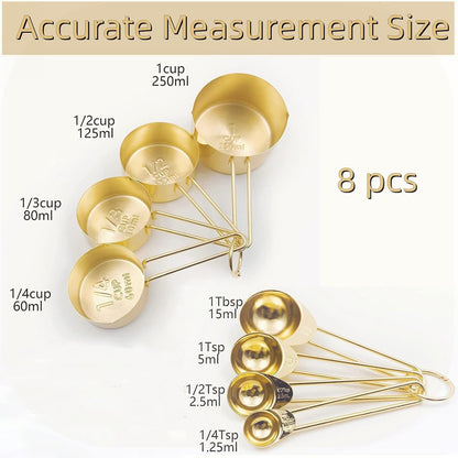Gold Measuring Cups and Spoons Set, 8 PCS Metal Measuring Cups and Stainless Steel Measuring Spoons Set for Kitchen