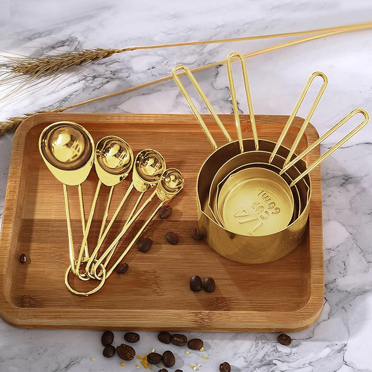 Gold Measuring Cups and Spoons Set, 8 PCS Metal Measuring Cups and Stainless Steel Measuring Spoons Set for Kitchen