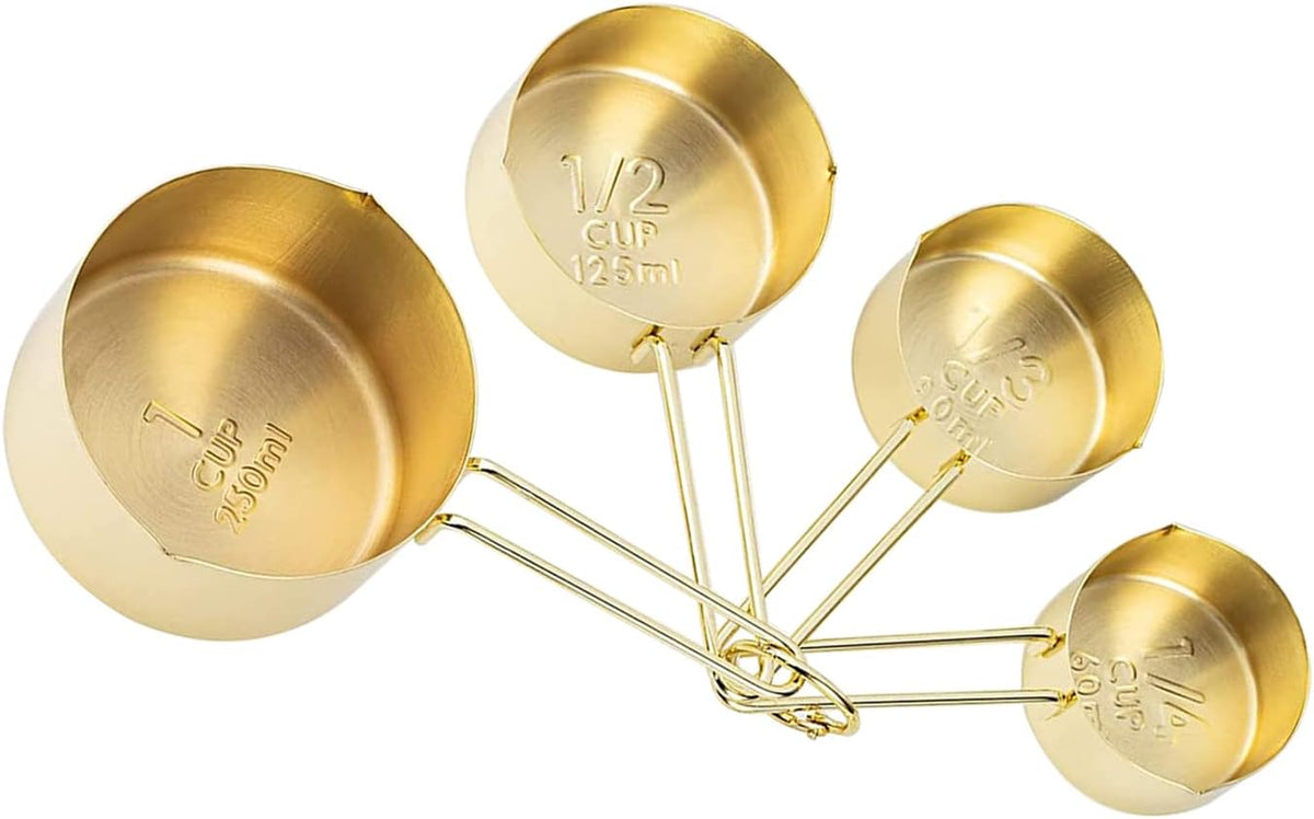 Gold Measuring Cups and Spoons Set, 8 PCS Metal Measuring Cups and Stainless Steel Measuring Spoons Set for Kitchen
