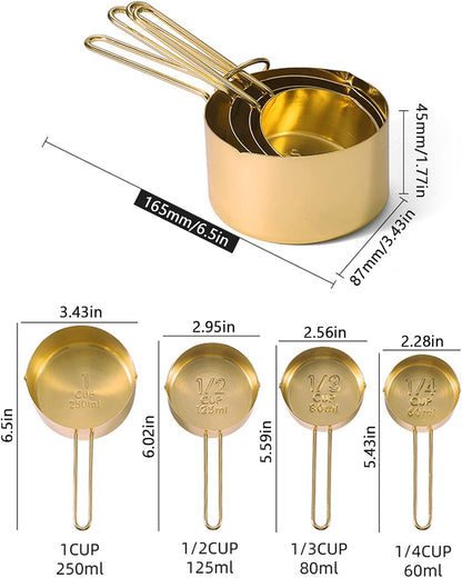 Gold Measuring Cups and Spoons Set, 8 PCS Metal Measuring Cups and Stainless Steel Measuring Spoons Set for Kitchen