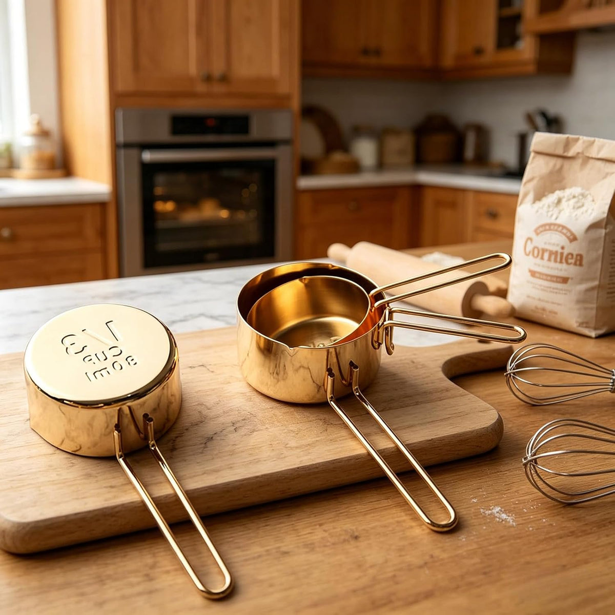 Gold Measuring Cups and Spoons Set, 8 PCS Metal Measuring Cups and Stainless Steel Measuring Spoons Set for Kitchen