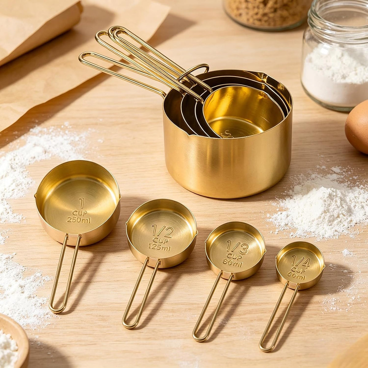 Gold Measuring Cups and Spoons Set, 8 PCS Metal Measuring Cups and Stainless Steel Measuring Spoons Set for Kitchen