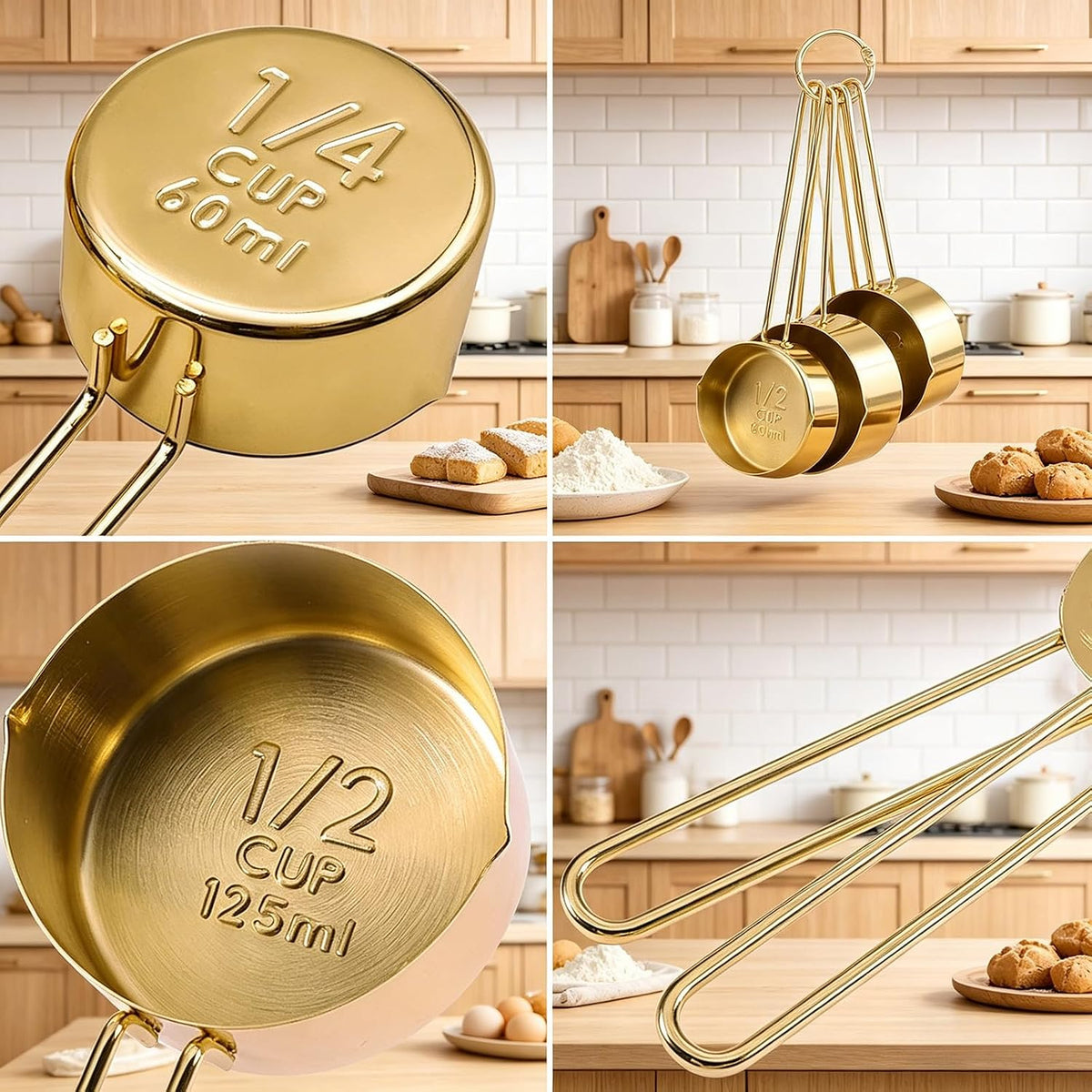 Gold Measuring Cups and Spoons Set, 8 PCS Metal Measuring Cups and Stainless Steel Measuring Spoons Set for Kitchen