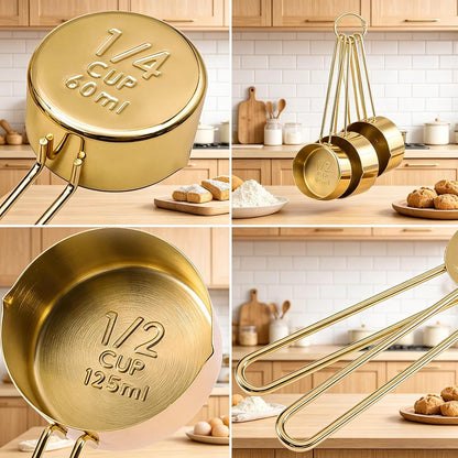 Gold Measuring Cups and Spoons Set, 8 PCS Metal Measuring Cups and Stainless Steel Measuring Spoons Set for Kitchen