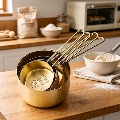 Gold Measuring Cups and Spoons Set, 8 PCS Metal Measuring Cups and Stainless Steel Measuring Spoons Set for Kitchen
