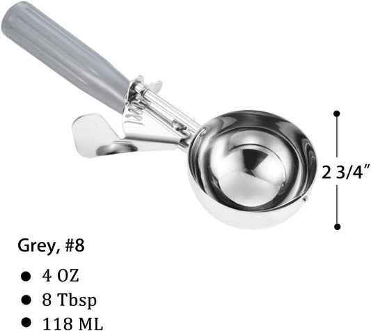 Portion Scoop - #8 (4 oz) - Disher, Large Ice Cream Scoop with Trigger, Cookie Scoop, Food Scoop, Muffin Scoop - Portion Control - 18/8 Stainless Steel, Grey Handle