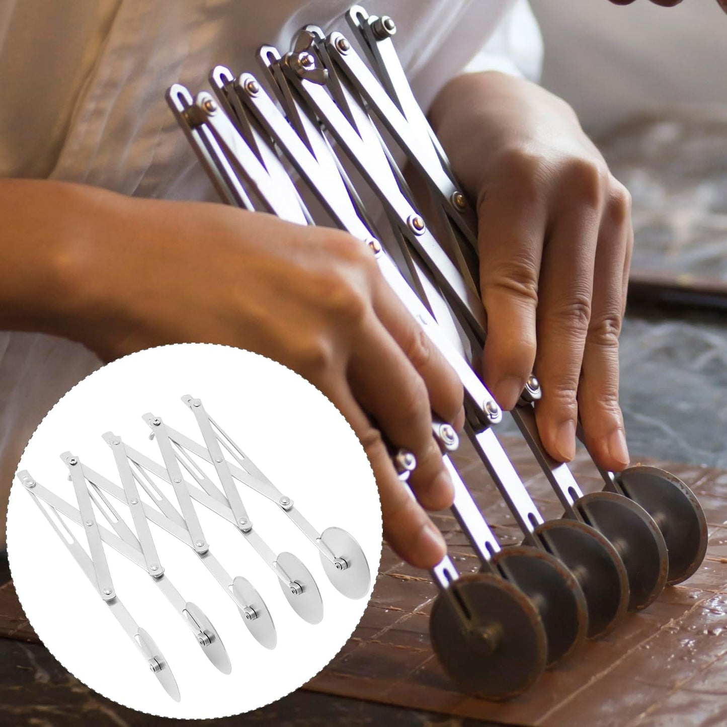 5-Wheel Adjustable Pastry/Dough Divider, Stainless Steel Pizza Divider, Expandable Multi-Round Baking Roller for Cookie, Dough, Cake, Pastry