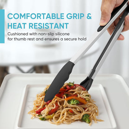 600℉ Heat Resistant Kitchen Tongs for Cooking with Silicone Tips, 12-Inch Stainless Steel Locking Cooking Tongs Food Tongs for BBQ,Cooking,Salad and Serving Food,Heavy Duty,Non-Stick,Black