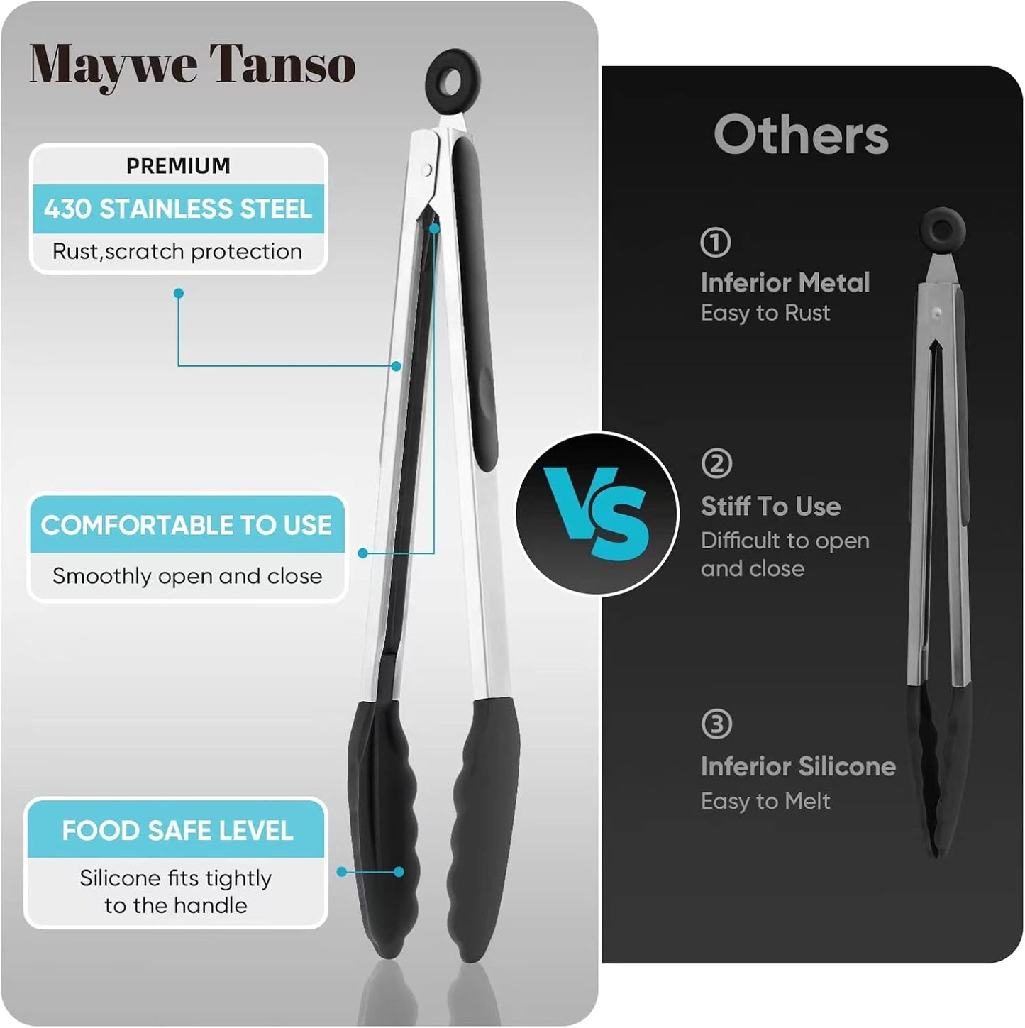 600℉ Heat Resistant Kitchen Tongs for Cooking with Silicone Tips, 12-Inch Stainless Steel Locking Cooking Tongs Food Tongs for BBQ,Cooking,Salad and Serving Food,Heavy Duty,Non-Stick,Black