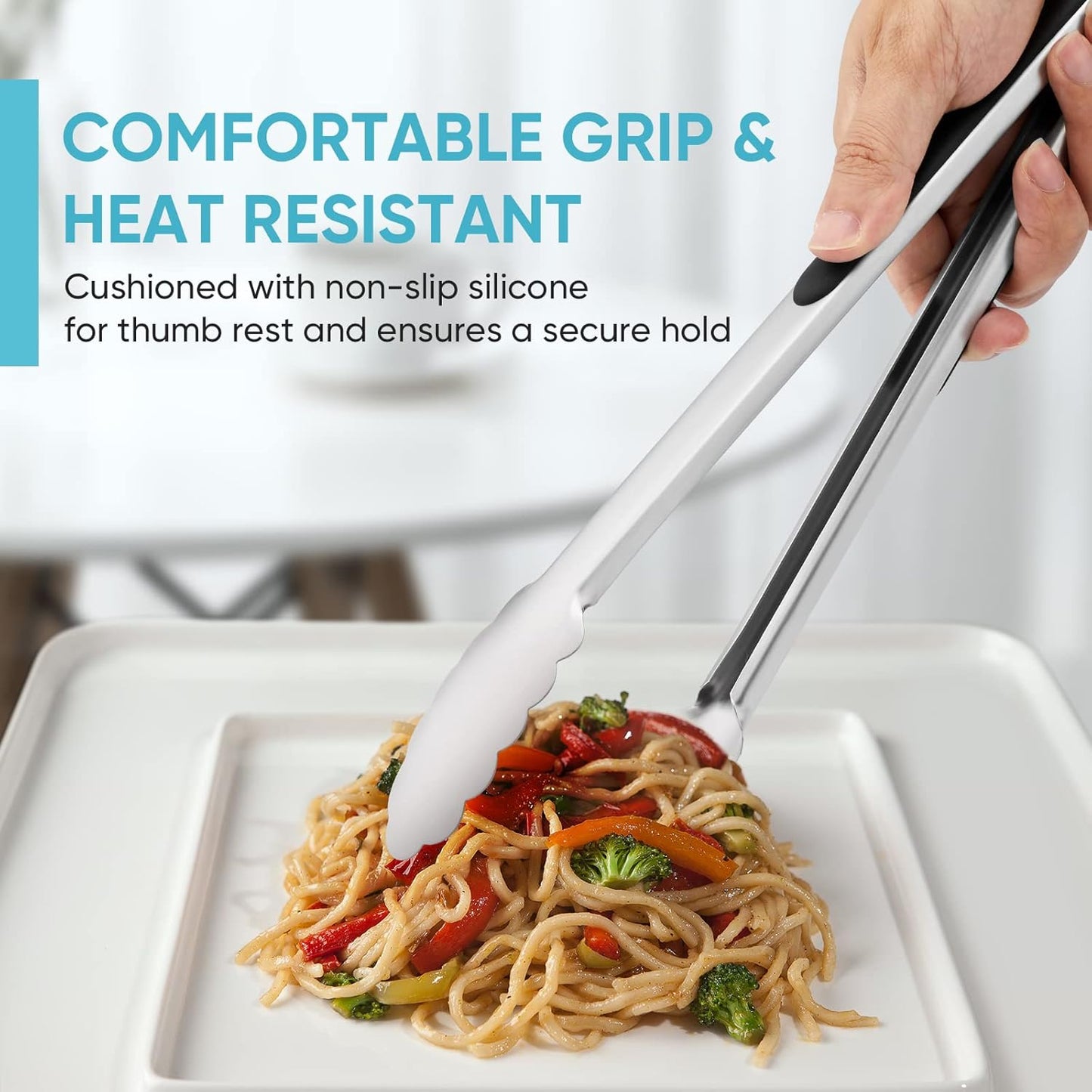 600℉ Heat Resistant Kitchen Tongs for Cooking with Silicone Tips, 12-Inch Stainless Steel Locking Cooking Tongs Food Tongs for BBQ,Cooking,Salad and Serving Food,Heavy Duty,Non-Stick,Black