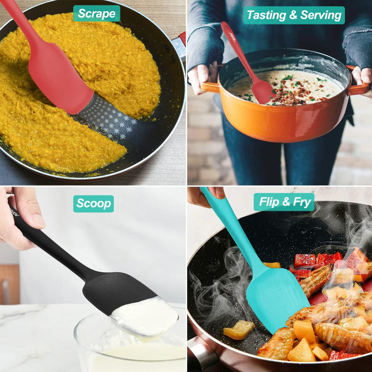 Silicone Spoon Spatula Curved Shap 600°F Heat Resistant Spoonula, 3 Pack