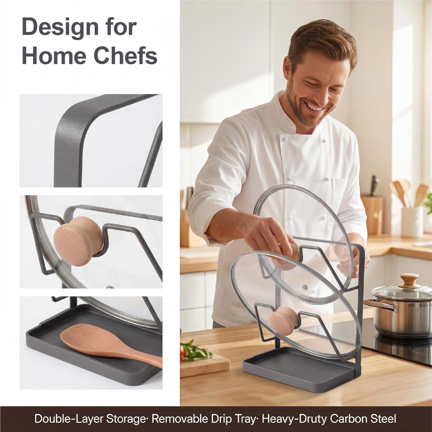 Space-Saving Carbon Steel Pot Lid Holder While Cooking, Double-Layer Kitchen Pot Lid Storage Rack with Removable Drip Tray, Countertop Vertical pan lid organizer for pots and pans(Dark Grey)