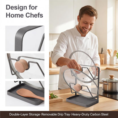 Space-Saving Carbon Steel Pot Lid Holder While Cooking, Double-Layer Kitchen Pot Lid Storage Rack with Removable Drip Tray, Countertop Vertical pan lid organizer for pots and pans(Dark Grey)