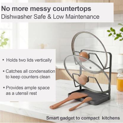 Space-Saving Carbon Steel Pot Lid Holder While Cooking, Double-Layer Kitchen Pot Lid Storage Rack with Removable Drip Tray, Countertop Vertical pan lid organizer for pots and pans(Dark Grey)