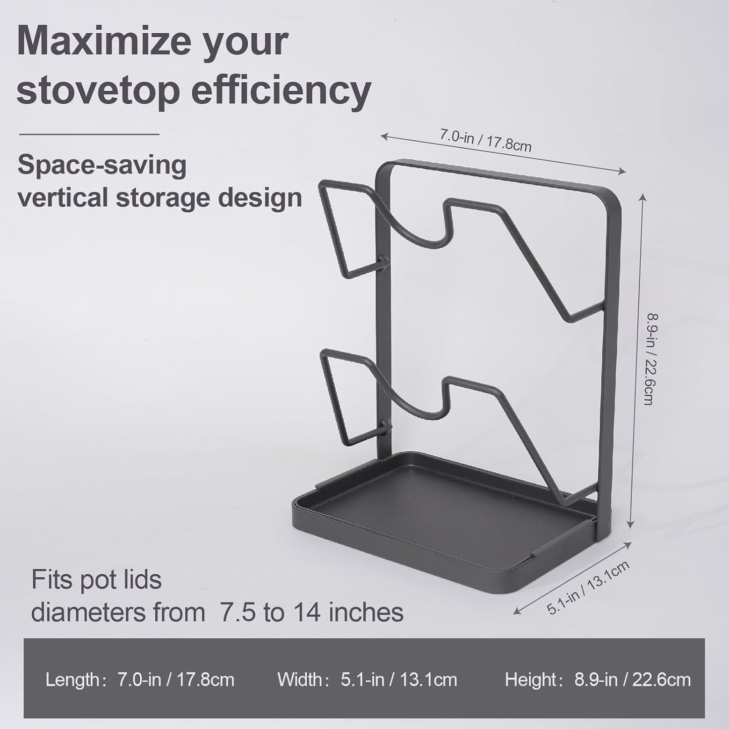 Space-Saving Carbon Steel Pot Lid Holder While Cooking, Double-Layer Kitchen Pot Lid Storage Rack with Removable Drip Tray, Countertop Vertical pan lid organizer for pots and pans(Dark Grey)