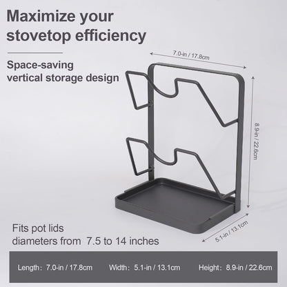 Space-Saving Carbon Steel Pot Lid Holder While Cooking, Double-Layer Kitchen Pot Lid Storage Rack with Removable Drip Tray, Countertop Vertical pan lid organizer for pots and pans(Dark Grey)