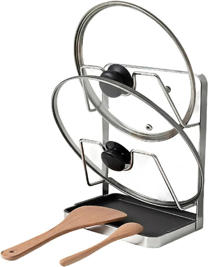 Space-Saving Carbon Steel Pot Lid Holder While Cooking, Double-Layer Kitchen Pot Lid Storage Rack with Removable Drip Tray, Countertop Vertical pan lid organizer for pots and pans(Dark Grey)