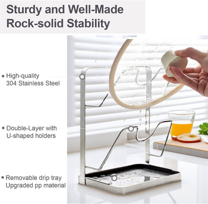 Space-Saving Carbon Steel Pot Lid Holder While Cooking, Double-Layer Kitchen Pot Lid Storage Rack with Removable Drip Tray, Countertop Vertical pan lid organizer for pots and pans(Dark Grey)