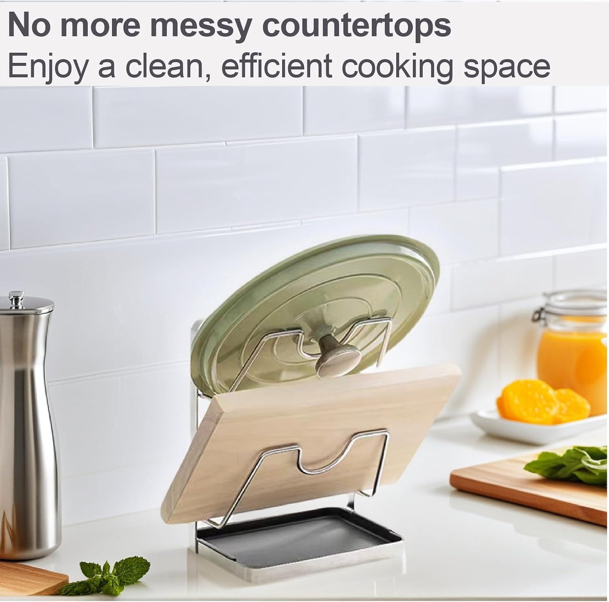 Space-Saving Carbon Steel Pot Lid Holder While Cooking, Double-Layer Kitchen Pot Lid Storage Rack with Removable Drip Tray, Countertop Vertical pan lid organizer for pots and pans(Dark Grey)