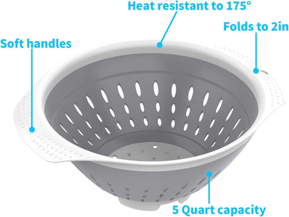 5 Quart Collapsible Colander，BPA Free，Dishwasher Safe，Silicone Food Strainer with Plastic Handles，Heavy Duty Foldable Heat Resistant Pasta and Veggies Kitchen Drainer Steam Basket，Gray