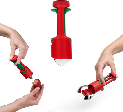 Hullapit 2-in-1 Cherry Pitter & Strawberry Huller Berry Tool | Fruit prep gadget, pits cherries, stem remover, no-mess stainless steel blades and built-in safety lock for compact storage