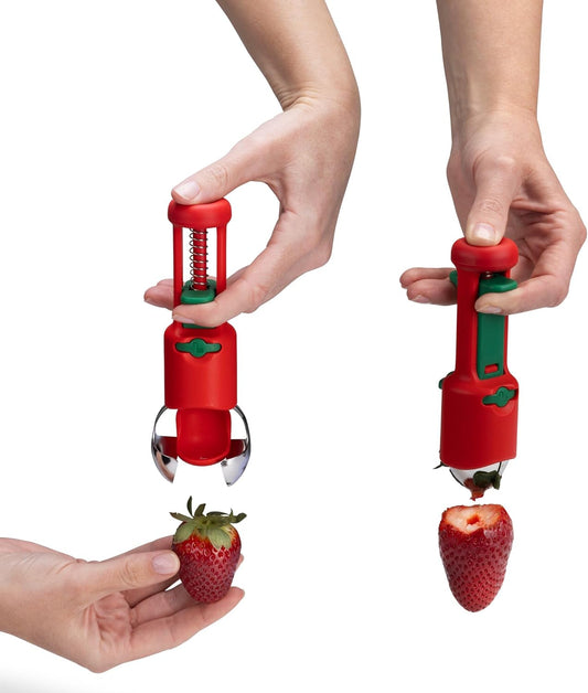 Hullapit 2-in-1 Cherry Pitter & Strawberry Huller Berry Tool | Fruit prep gadget, pits cherries, stem remover, no-mess stainless steel blades and built-in safety lock for compact storage