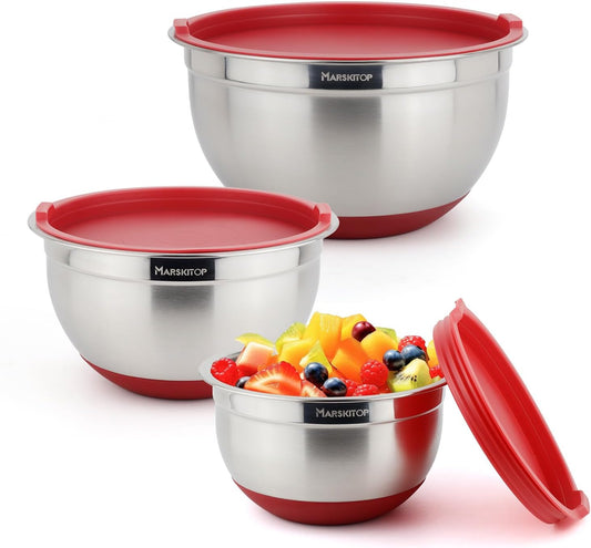 Stainless Steel Mixing Bowls with Lids Set, Nesting Mixing Bowls with Airtight Lids, Measurement Marks and Red Non-Slip Bottoms, Great for Mixing and Serving, 1.5QT & 3QT & 5QT