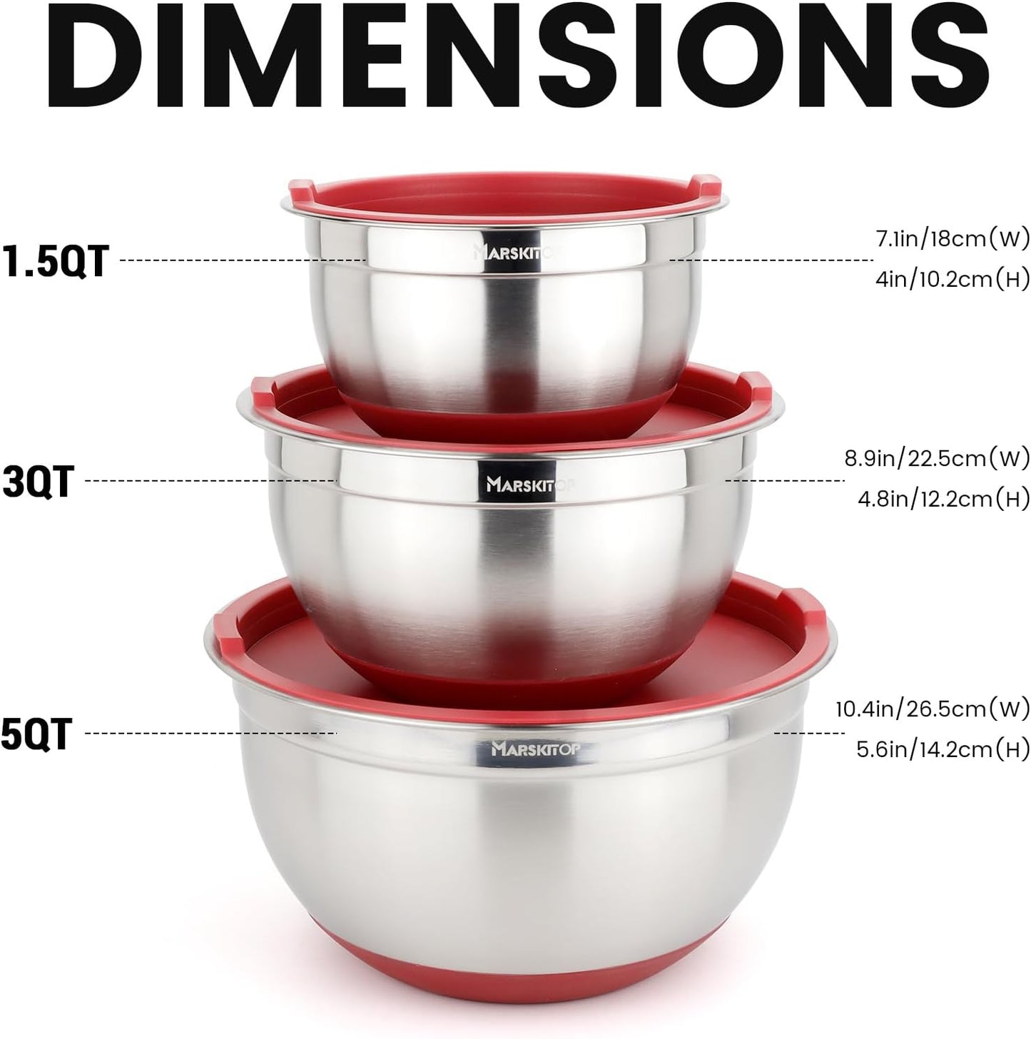Stainless Steel Mixing Bowls with Lids Set, Nesting Mixing Bowls with Airtight Lids, Measurement Marks and Red Non-Slip Bottoms, Great for Mixing and Serving, 1.5QT & 3QT & 5QT