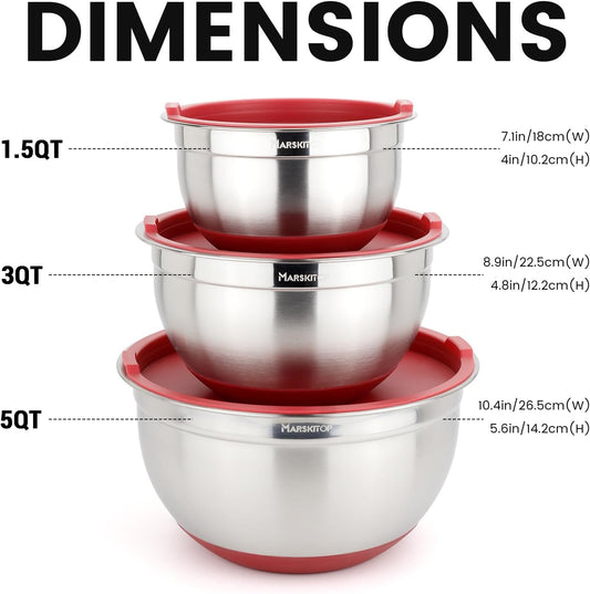 Stainless Steel Mixing Bowls with Lids Set, Nesting Mixing Bowls with Airtight Lids, Measurement Marks and Red Non-Slip Bottoms, Great for Mixing and Serving, 1.5QT & 3QT & 5QT
