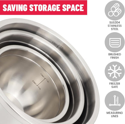 Stainless Steel Mixing Bowls with Lids Set, Nesting Mixing Bowls with Airtight Lids, Measurement Marks and Red Non-Slip Bottoms, Great for Mixing and Serving, 1.5QT & 3QT & 5QT