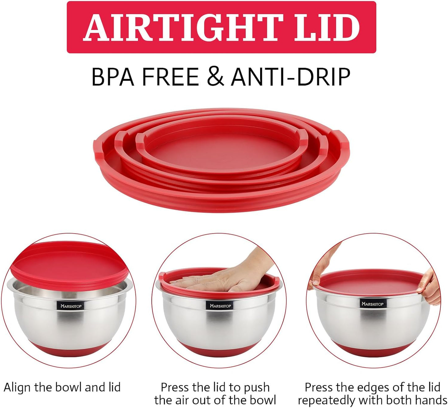 Stainless Steel Mixing Bowls with Lids Set, Nesting Mixing Bowls with Airtight Lids, Measurement Marks and Red Non-Slip Bottoms, Great for Mixing and Serving, 1.5QT & 3QT & 5QT