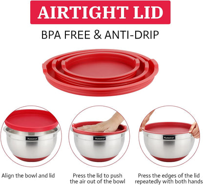 Stainless Steel Mixing Bowls with Lids Set, Nesting Mixing Bowls with Airtight Lids, Measurement Marks and Red Non-Slip Bottoms, Great for Mixing and Serving, 1.5QT & 3QT & 5QT