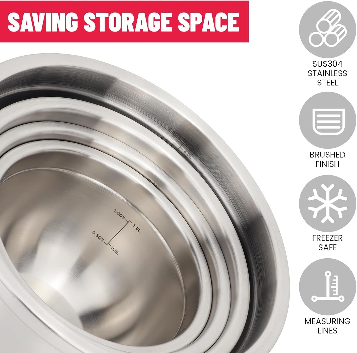 Stainless Steel Mixing Bowls with Lids Set, Nesting Mixing Bowls with Airtight Lids, Measurement Marks and Red Non-Slip Bottoms, Great for Mixing and Serving, 1.5QT & 3QT & 5QT