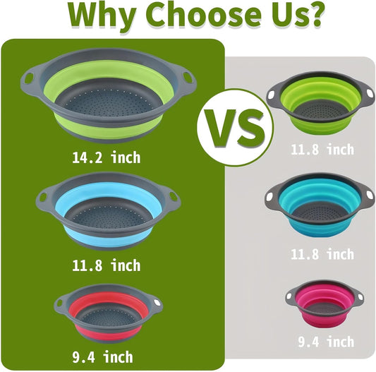 Collapsible Colander Set, 3 Pack Silicone Strainers for Kitchen-BPA Free Space Saving Design Dishwasher Safe Over Home Draining, Pasta Food Vegetables and Fruits