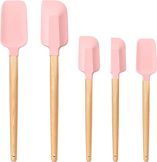 Wooden Handle Silicone Rubber Spatula Set 5 Piece for Kitchen Baking, Jars,Cooking, and Mixing High Heat Resistant Non Stick Dishwasher Safe BPA-Free (Pink)