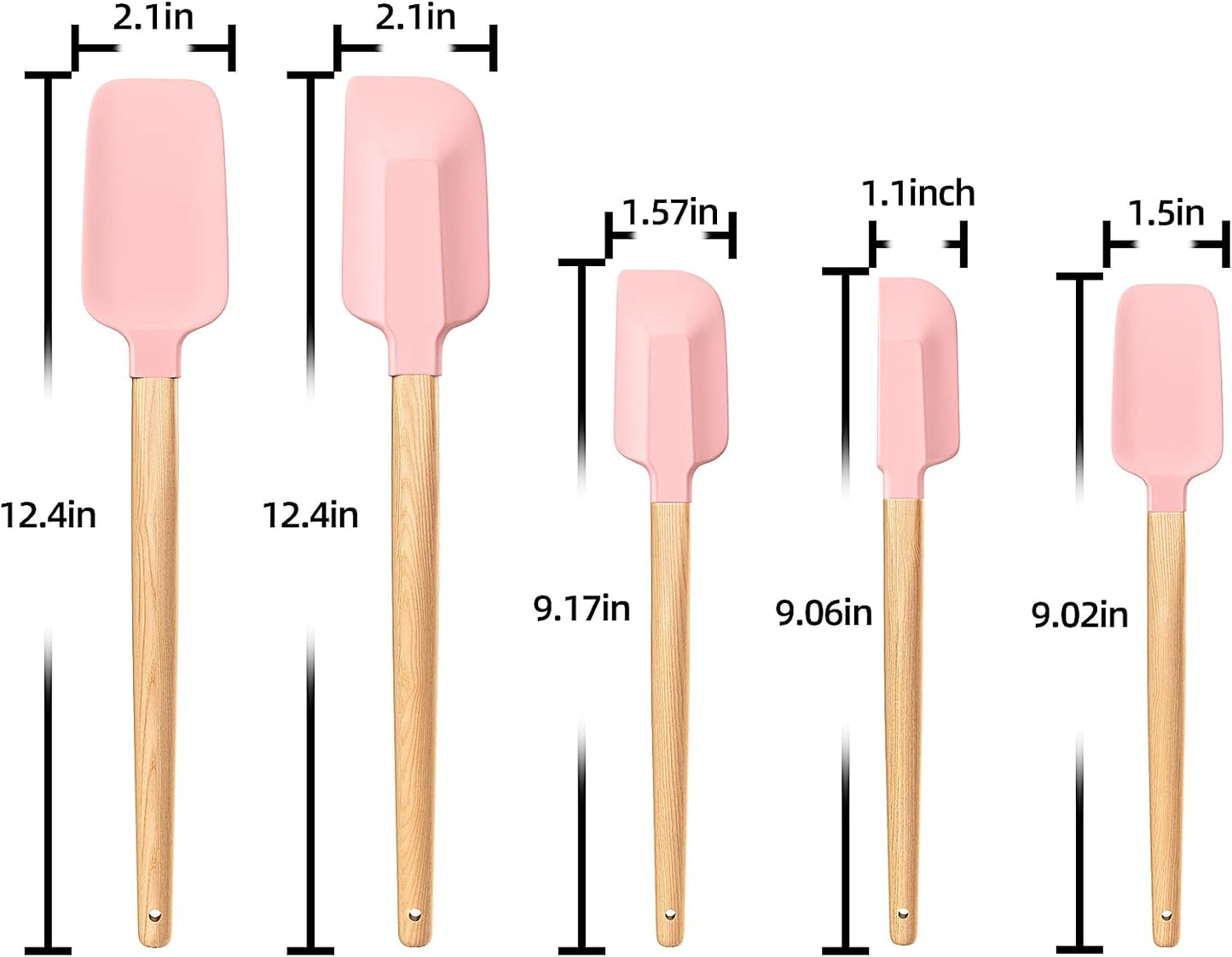 Wooden Handle Silicone Rubber Spatula Set 5 Piece for Kitchen Baking, Jars,Cooking, and Mixing High Heat Resistant Non Stick Dishwasher Safe BPA-Free (Pink)
