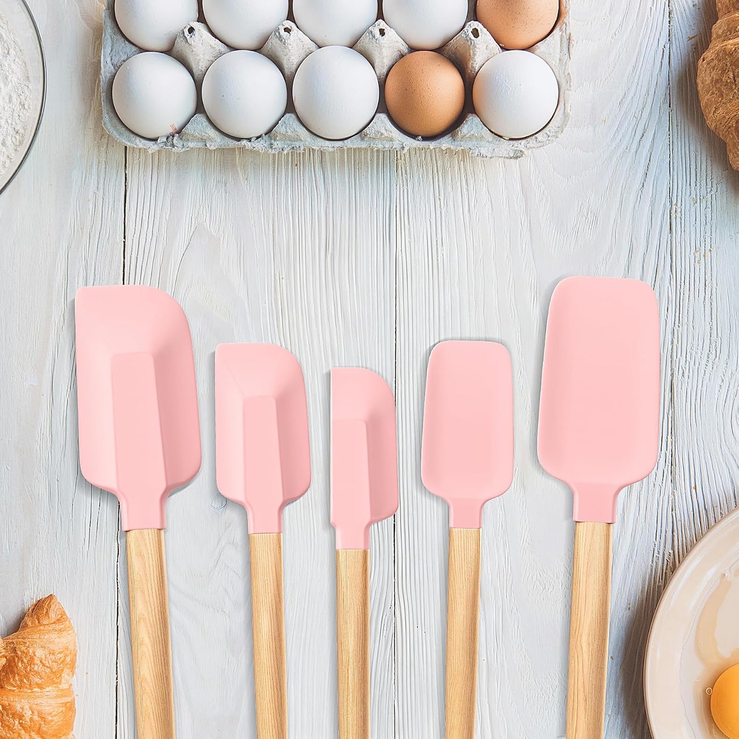 Wooden Handle Silicone Rubber Spatula Set 5 Piece for Kitchen Baking, Jars,Cooking, and Mixing High Heat Resistant Non Stick Dishwasher Safe BPA-Free (Pink)