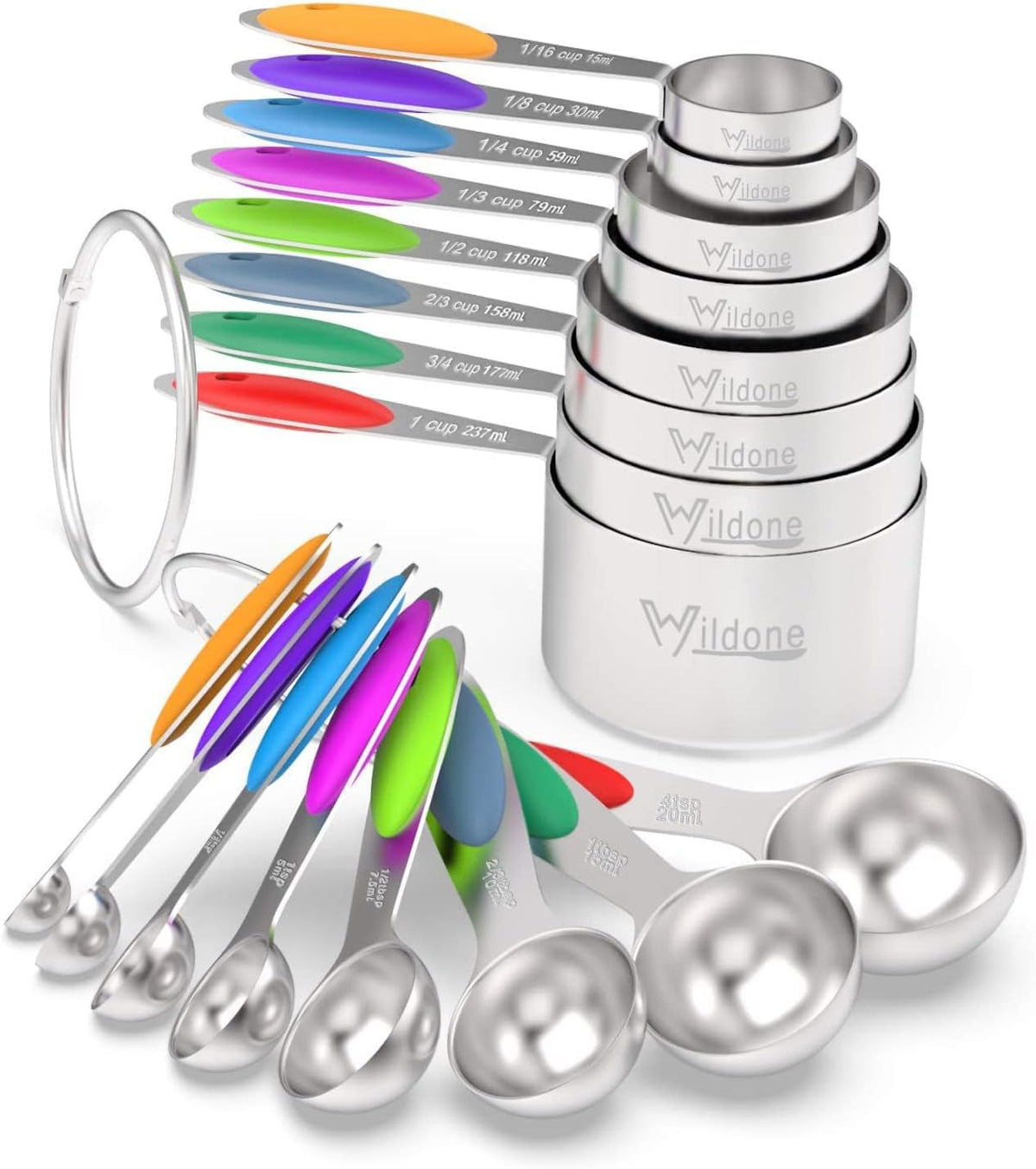 Stainless Measuring Cups and Spoons Set with Silicone Handle, 16pcs