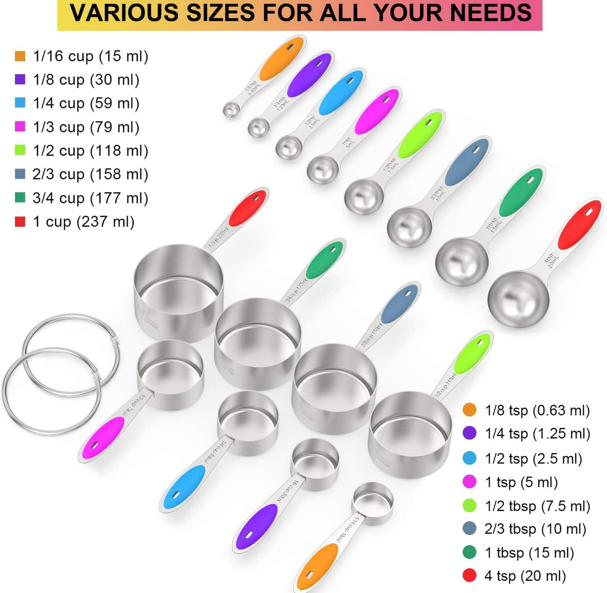 Stainless Measuring Cups and Spoons Set with Silicone Handle, 16pcs