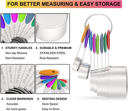 Stainless Measuring Cups and Spoons Set with Silicone Handle, 16pcs