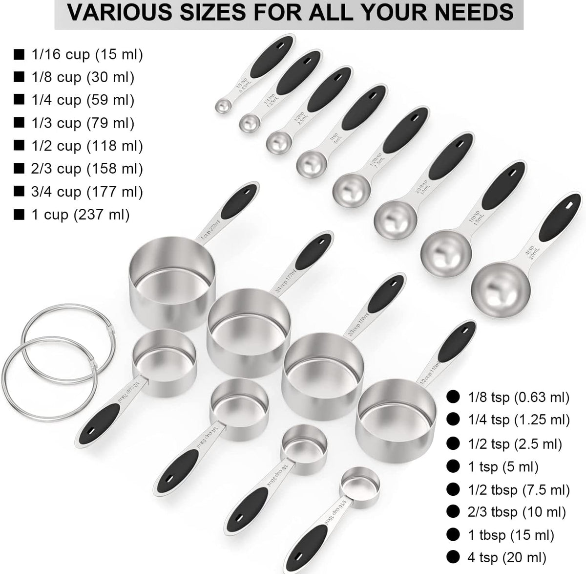 Stainless Measuring Cups and Spoons Set with Silicone Handle, 16pcs