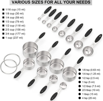 Stainless Measuring Cups and Spoons Set with Silicone Handle, 16pcs